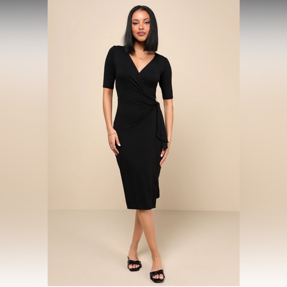 Forget Me Knot Black Midi Wrap Dress